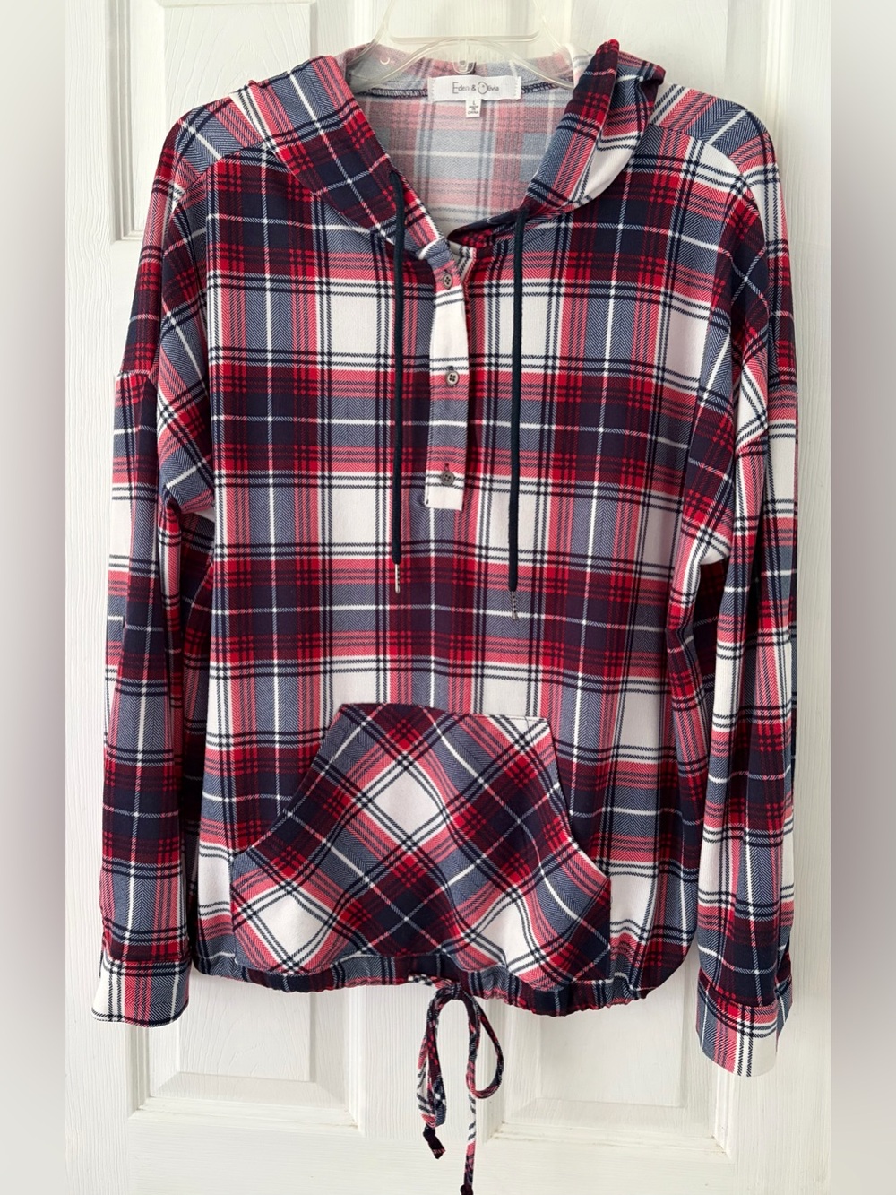 Eden & Olivia Red, Navy & White Plaid Zip-Up Hoodie Sweater